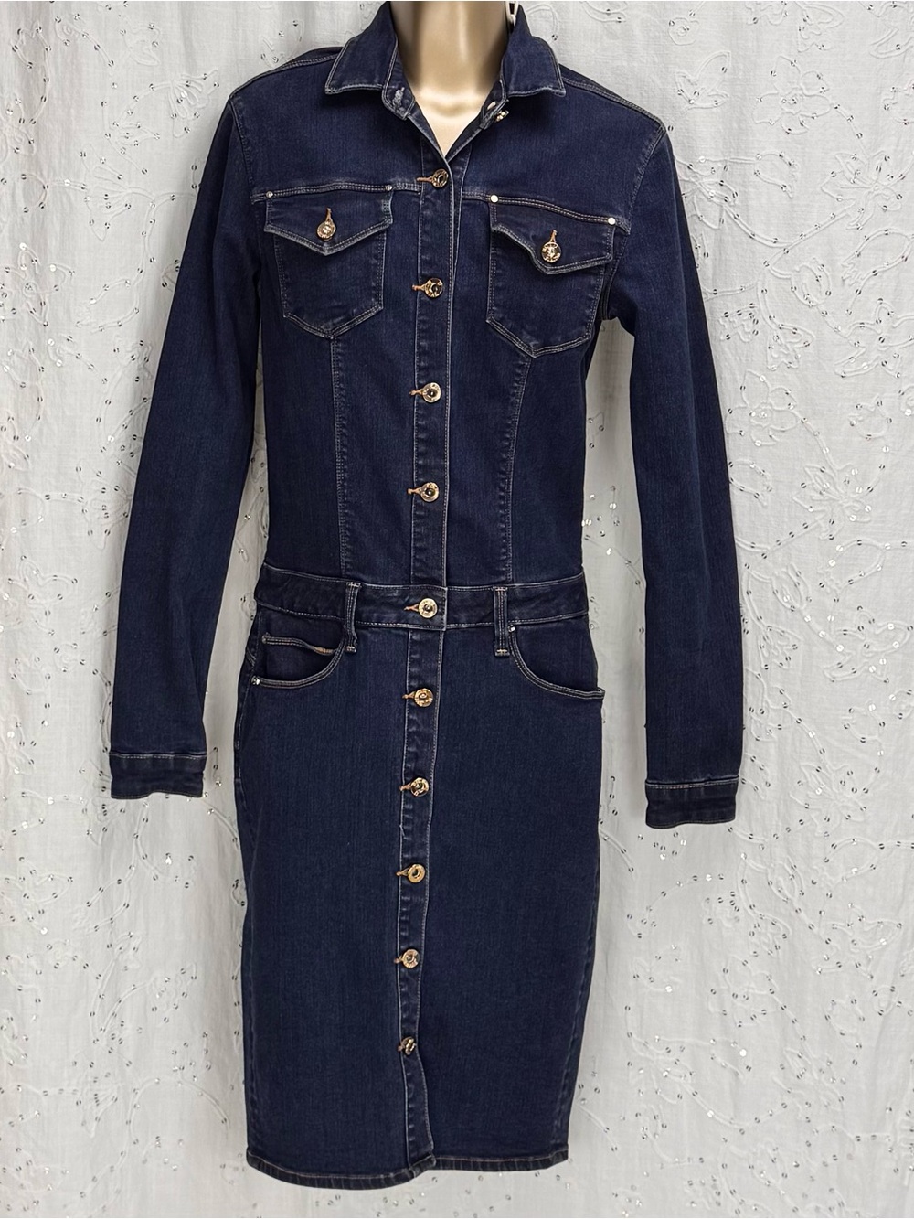 Dark Wash Denim Pencil Dress Button Front Stretch Bodycon S Francomina